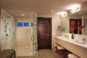 a bathroom with a shower and a sink and a glass shower door at Dreams Dominicus La Romana Resort & Spa in Bayahibe +63 photos