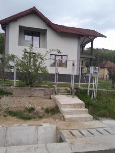 a white house with stairs in front of it at Casa Maria in Curtea de Argeş
