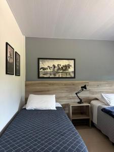 a bedroom with a bed and a desk with a lamp at Hotel Guerra - Pousada Montebelo in Jaguaruna +106 photos