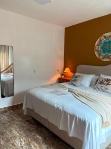 a bedroom with a large bed and a mirror at Trindade - Suíte Mandala in Trindade +3 photos