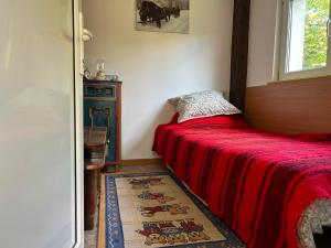 a bedroom with a bed with a red blanket at La Nea Traian in Vama Buzăului