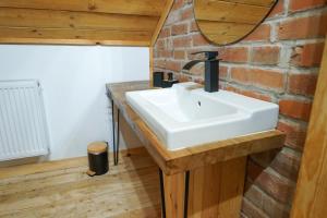 a bathroom with a sink and a brick wall at Lawki Booking-Na Strychu in Ławki +58 photos