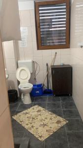 a bathroom with a toilet and a rug on the floor at Hostel Cazino Sud in Mamaia +13 photos