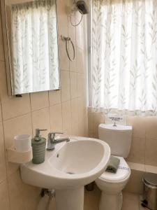 a bathroom with a sink and a toilet and a window at Acropolis Center Rooms in Athens