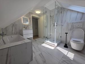 a white bathroom with a toilet and a sink at Design-Dachgeschosswohnung am Schwarzwald in Pforzheim