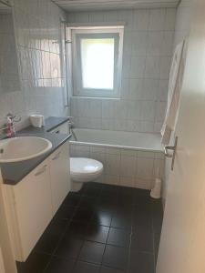 a bathroom with a sink and a tub and a toilet at Apartament 2 Zimmer in Grenchen