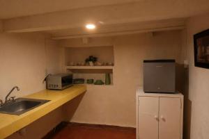 a small kitchen with a sink and a microwave at Escondite de Galarza 26 in Guanajuato