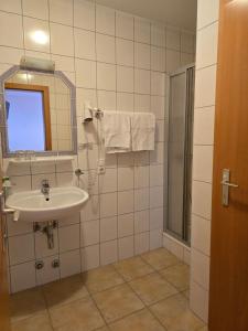 a bathroom with a sink and a mirror and a shower at Reitpark Gstöttner in Schönau im Mühlkreis
