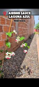 a garden with flowers growing next to a brick wall at Misky wasy laguna azul in Sauce