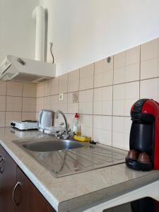 a kitchen counter with a sink and a coffee maker at Vista del Mare Rooms 2 in Agios Ioannis Kaspaka