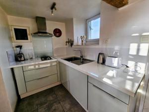 a white kitchen with a sink and a counter top at Les Petits Champs Islandais in Manas-Bastanous +3 photos