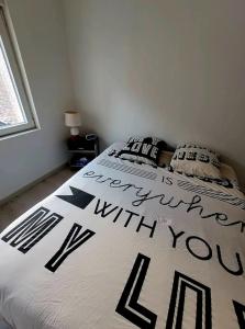 a bedroom with a bed with a black and white comforter at La Ch'tite Maison in Masnières