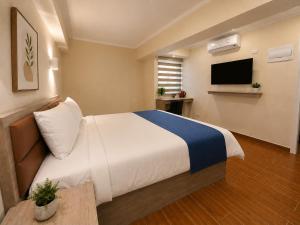 a bedroom with a large bed and a television at Hotel Asia Pacifico in Santiago