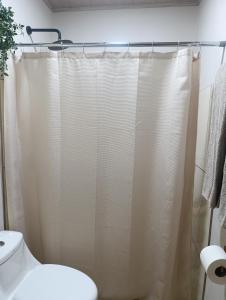a bathroom with a shower curtain and a toilet at Alma Libre 01 in Fortuna