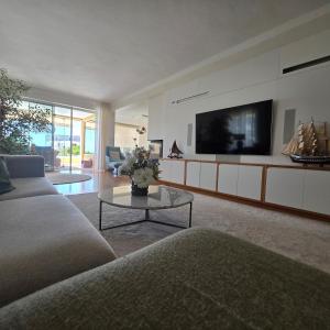a living room with a couch and a tv at Casa Azul in Luz