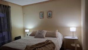 a bedroom with a bed with two lamps and two pillows at Depto Libertad 1 in San Francisco