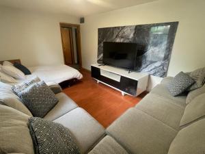 a living room with a couch and a flat screen tv at Cabernet Sauvignon Escape in Calgary