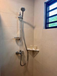 a shower in a bathroom with a shower head at Vanakea Beach House, accès privé plage PK18 in Punaauia +30 photos