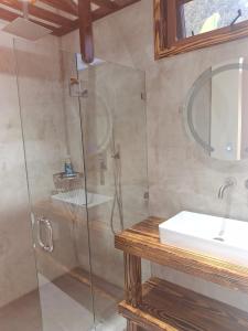 a bathroom with a glass shower and a sink at Jungle Cocoon Boutique Hotel in Caye Caulker