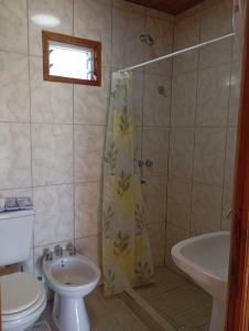 a bathroom with a shower and a toilet and a sink at Posada La Martina in Goya +26 photos