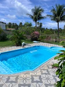 a swimming pool in a yard with palm trees at Pousada Sunshine Patacho - Praia do Patacho - Rota Ecológica dos Milagres, Porto de Pedras in Pôrto de Pedras