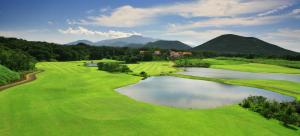an aerial view of a golf course with a lake at Ecoland Hotel in Jeju