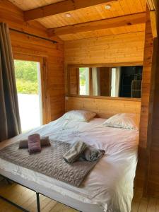 a bed in a log cabin with a mirror at Petit Chalet Cosy - Saint-Dié-des-Vosges T2 in Saint-Léonard