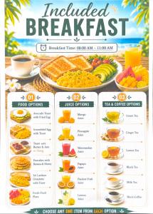 a menu for an inclusive breakfast with fruits and vegetables at Beach Cab Resort in Arugam Bay +70 photos