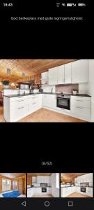 two pictures of a kitchen with white cabinets at Grefstadvigveien 12 in Grimstad