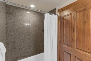 a bathroom with a shower curtain and a wooden door at Zermatt Mountain Lodge Studio in Midway