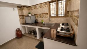 a small kitchen with a stove and a sink at Happy Mates Forest Villa in Pondicherry
