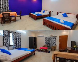 a bedroom with two beds and a dining room at LA CASA THE HOMESTAY in Trivandrum