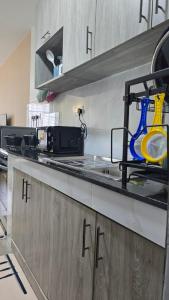 a kitchen with a counter with a yellow and blue vase at Luna homes in Ruaka