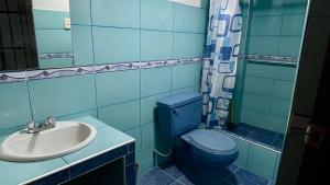 a bathroom with a blue toilet and a sink at Morada del Huascarán in Mancos