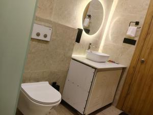 a bathroom with a toilet and a sink and a mirror at Cottages & Cafe in Dogadda