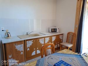 a kitchen with a sink and a microwave on a counter at la bergerie in Cronce