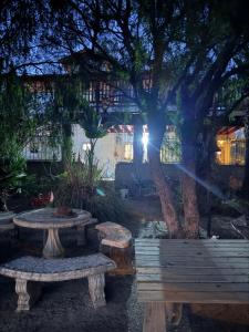 a group of benches sitting under a tree at Cabaña Lakshmi in El Pescador