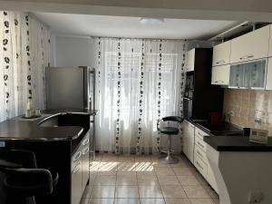 a kitchen with a sink and a refrigerator at Casa Corvin View in Hunedoara
