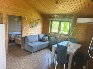 a living room with a couch and a table and a bed at Domki Nad Satwem Mazury D2 in Mrągowo +14 photos