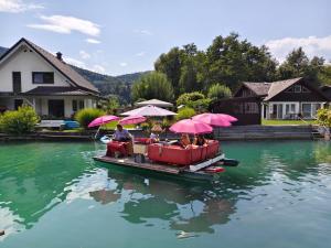people sitting on a boat with umbrellas on the water at EinBaumHaus Kärnten in Ludmannsdorf