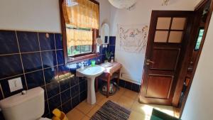 a small bathroom with a toilet and a sink at Domek pod Lasem in Płaska +8 photos