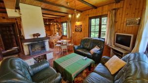a living room with leather furniture and a fireplace at Domek pod Lasem in Płaska