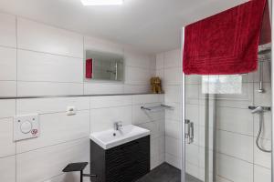 a bathroom with a sink and a shower with a red curtain at Andrea Vacation Home in Döbeln +17 photos