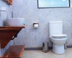 ein Badezimmer mit weißer Toilette und Waschbecken in der Unterkunft Narvira in Kona