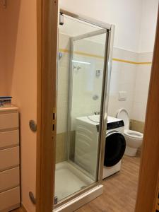 a glass shower in a bathroom with a toilet at Il Glicine in Cusano Milanino