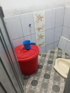 a bathroom with a red bucket and a toilet at Homestay Wijaya Mulya in Magelang