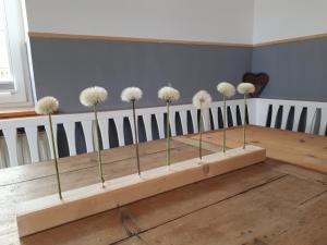 a bunch of dandelions in a wooden frame on a table at Ferienwohnung Hof Alms in Uelzen