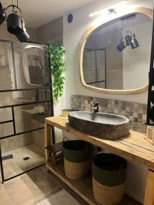 a bathroom with a stone sink and a mirror at La Belle au Bois Joli in Raon-lʼÉtape