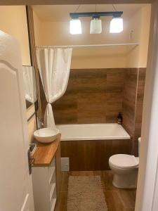 a bathroom with a tub and a toilet and a sink at Confort Apartament in Floreşti