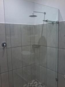a shower with a glass door in a bathroom at The Alchemist's Place in Oudtshoorn